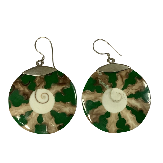 Earrings Sterling Silver Round Shell Green White