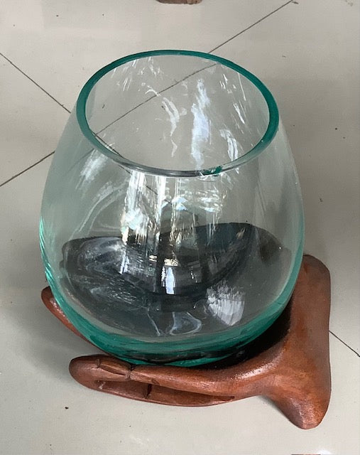 Handblown Glass Bowl on Wood Hand 15cm