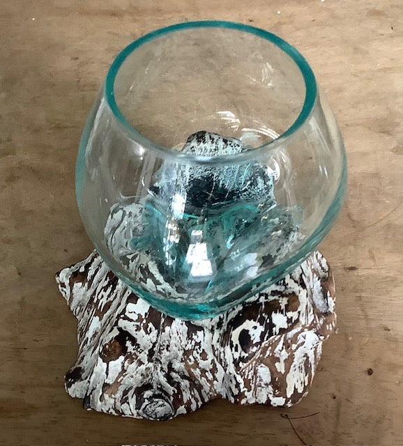 Handblown Glass Bowl on Whitewash Wood 10cm