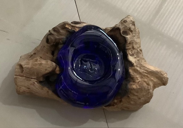Handblown Glass Cobalt Blue Bowl on Wood 12cm