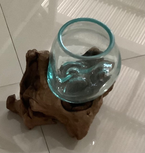 Handblown Glass Bowl on Wood 10cm