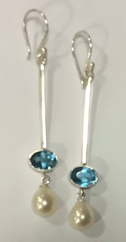 Earrings Sterling Silver Blue Topaz with Pearl