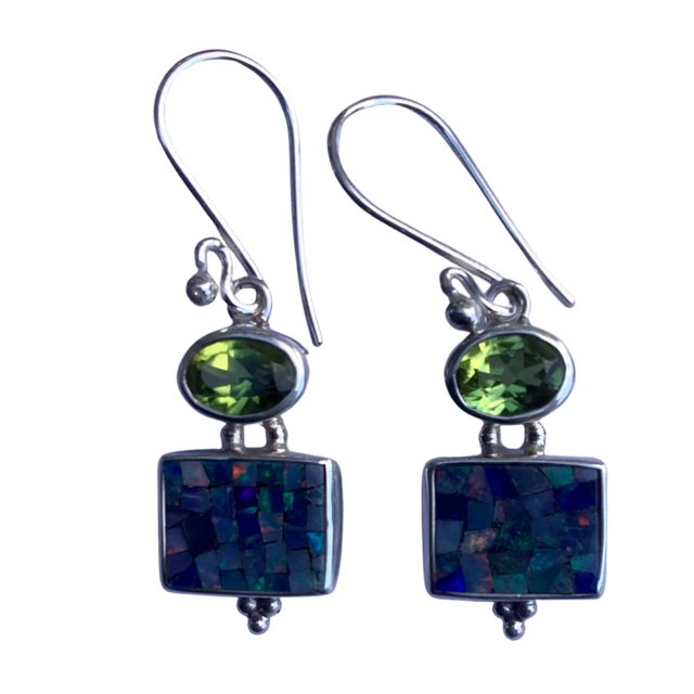 Earrings Sterling Silver Square Opal with Peridot