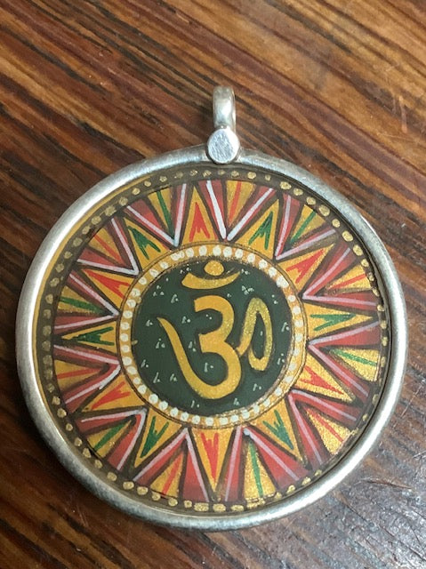 Pendant Indian Painting in Silver Frame Om Symbol