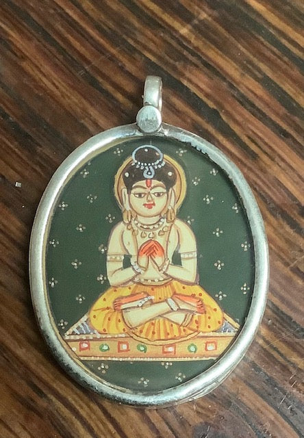 Pendant Indian Painting in Silver Frame Buddha