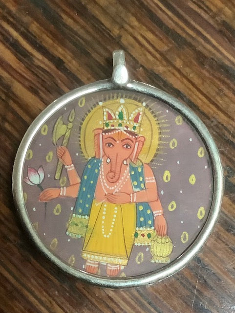 Pendant Indian Painting in Silver Frame Ganapti