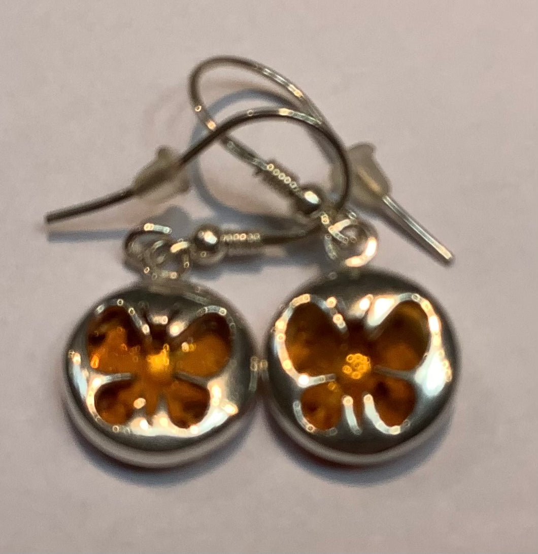 Earrings Amber Round with Butterfly in Sterling Silver