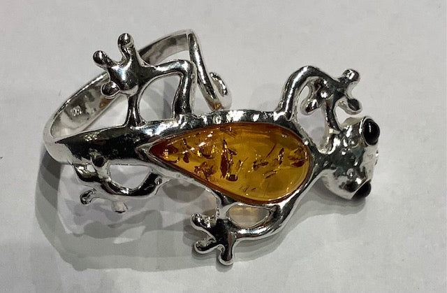 Ring with Amber Lizard in Sterling Silver