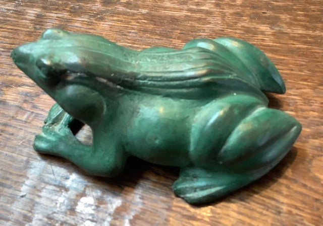 Brass Frog with green finish crouching 13cm long