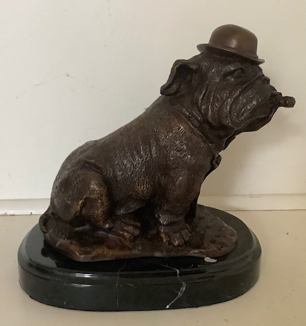 Brass Sitting Bulldog with hat and cigar Marble Stand 17 cm high